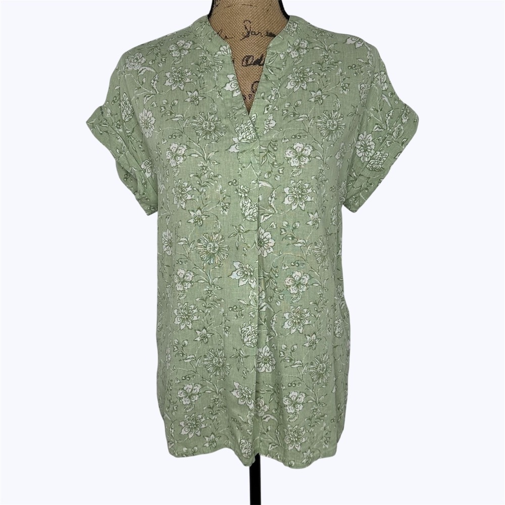 Casa Cabana Linen Blend Top Green Floral Spring Resort Coastal Garden Party Sz M